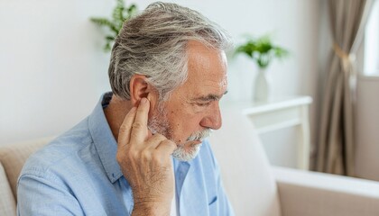 Fototapeta premium Side view of senior man with symptom of hearing loss. 