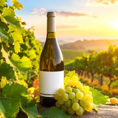 Fototapeta premium Wine bottle and grapes at vineyard sunrise