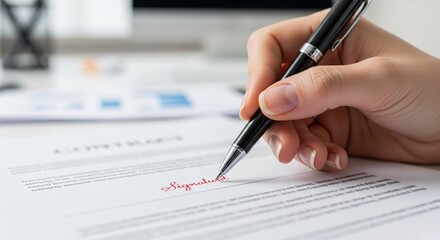 Close up of a Woman s Hand Signing a Legal Document with a Pen