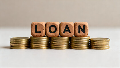 Clay blocks with engraved LOAN letters placed on golden coin stacks