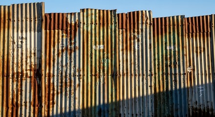 Obraz premium Rusty Metal Border Fence Under Sunlight.