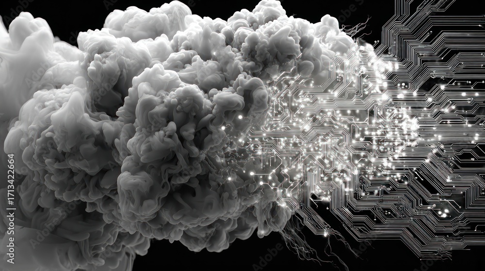 Poster abstract artwork showing a fusion of smoke and circuit board elements representing technology