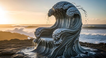 A wave-shaped chair sculpted from water sits on rocky shoreline. Ocean sunset colors