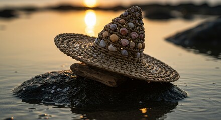seashells - A beautifully crafted straw hat adorned with seashells resting on a rocky beach at sunset, with golden light reflecting on the water, creating a serene atmosphere
