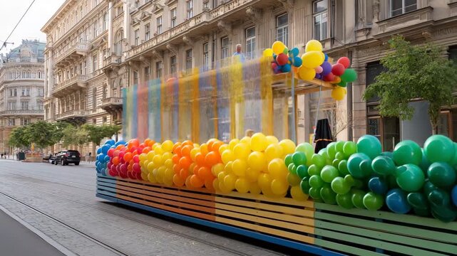 A parade float with a rainbow of balloons on it. Pride parade float decorated with rainbow colors and balloons moving along Budapest city street, bright vibrant documentary