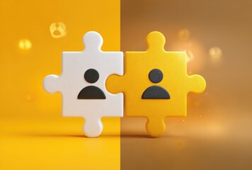 Two yellow and white puzzle pieces, joined, featuring person icons