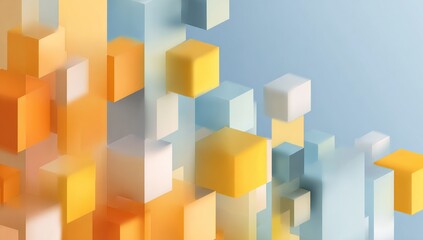 Abstract composition of soft-hued, translucent cubes in orange, yellow, and blue tones, arranged in vertical columns against a pale blue background, creating a sense of depth and movement