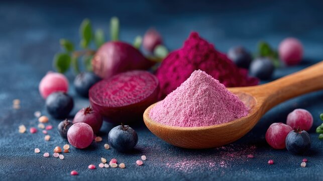 Beetroot Powder on Wooden Spoon with Fresh Blueberries and Beets on Dark Blue Surface