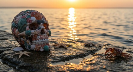 seashells - A colorful, decorative skull made of seashells rests on a rocky shore as a small crab approaches, with a serene sunset reflecting on the water in the background