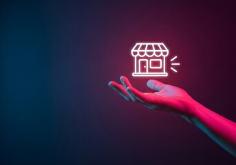 A hand presenting a glowing storefront icon, perfect for small business, retail, and e-commerce marketplace concepts