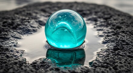 A vibrant teal glass sphere rests on a dark, wet, textured surface, its reflection shimmering in a small pool of water