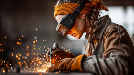 Close-up shot, female welder in dark protective mask, sparks reflecting on visor, welding torch in hand, industrial workshop atmosphere