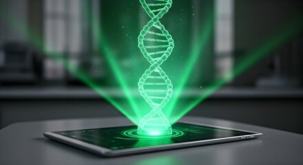 A glowing green DNA helix projection emerges from a digital tablet on a reflective surface.