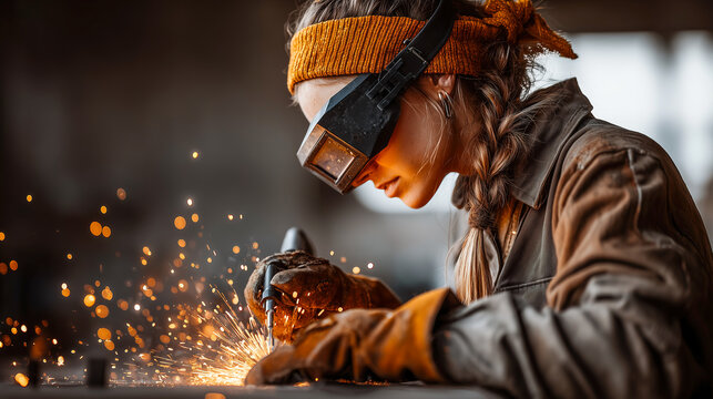 Close-up shot, female welder in dark protective mask, sparks reflecting on visor, welding torch in hand, industrial workshop atmosphere - Powered by Adobe