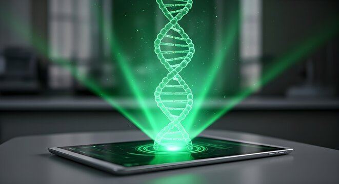 A glowing green DNA helix projection emerges from a digital tablet on a reflective surface.