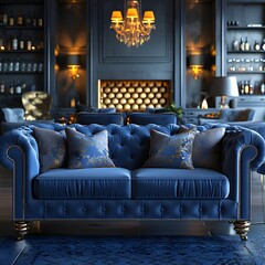 Obraz premium Modern blue velvet couch with cushions high resolution picture