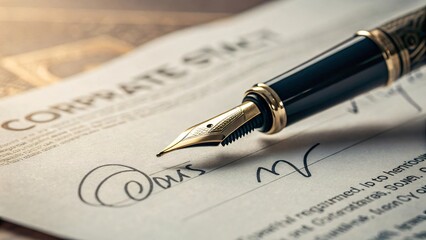 Elegant Fountain Pen Signing Corporate Contract Document Close Up