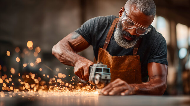 Medium shot, side view, male welder using angle grinder on metal sheet, sparks flying