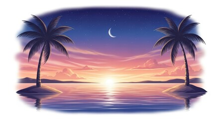 Naklejka premium Serene tropical island sunset scene with two palm trees under a crescent moon and calm waters