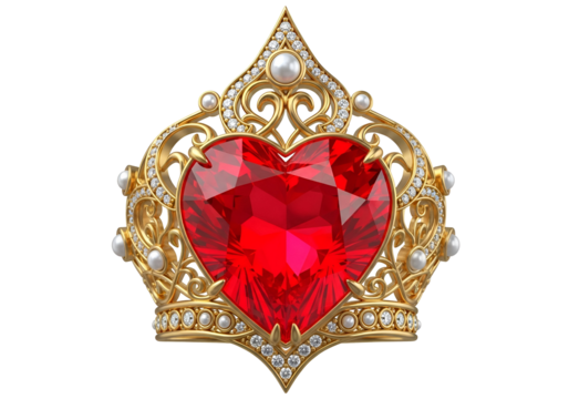 Ornate gold crown, studded with diamonds and pearls, showcasing a magnificent red heart-shaped gemstone.