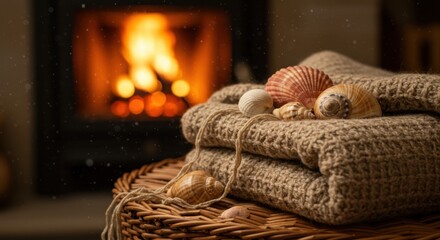 Obraz premium seashells - Cozy scene featuring neatly folded towels and seashells on a woven basket, with a warm fireplace glowing in the background, creating a relaxing atmosphere