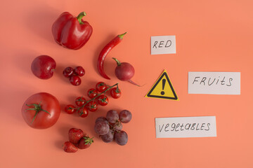 Red fruits and vegetables and corresponding inscriptions on white paper close-up view from above