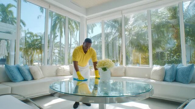 Elegant Residence: A domestic cleaner meticulously tends to an upscale sunroom's furnishings, imbuing the bright space with a sense of order and pristine refinement. 