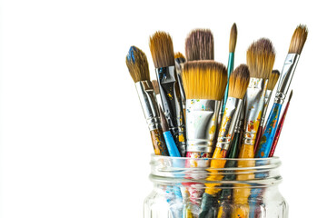 A collection of paint brushes in a glass jar, isolated on white background