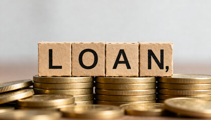 Eco style cardboard cubes with bold letters showing LOAN over coins