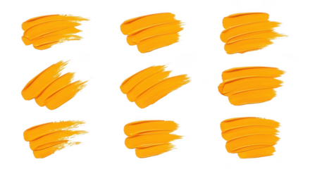 Collection of nine yellow paint brush strokes isolated on transparent background
