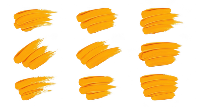 Collection of nine yellow paint brush strokes isolated on transparent background