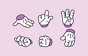 Fototapeta premium A set of six stylized cartoon hands, each with distinct poses and purple accents, rendered in a flat graphic style. Disembodied Hand Halloween Retro Mascot.