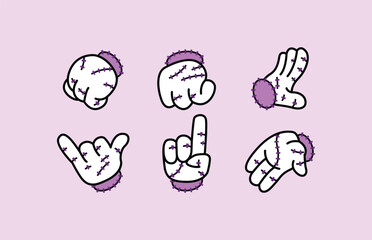 Six stylized white cartoon gloves with purple cuffs, each displaying a different hand gesture, isolated on a light pink background. Disembodied Hand Halloween Retro Mascot.