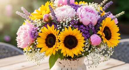 Fototapeta premium Vibrant Summer Bouquet of Sunflowers and Peonies.