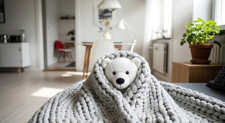 A white teddy bear snuggled under a chunky knit blanket on a couch in a bright, minimalist apartment