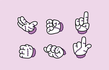 Six stylized cartoon hands depicted in different poses, including pointing, fist, and open palm, with purple cuffs. Disembodied Hand Halloween Retro Mascot.