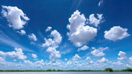 Blue Sky with Fluffy White Clouds and Horizon Line on Sunny Day Serene Cloudscape of Cumulus Shapes in Clear Weather with Bright Illumination