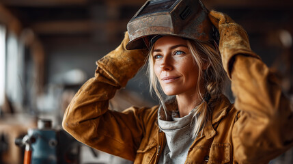 Medium shot, eye-level, female welder adjusting protective helmet before starting work, welding machine nearby, workshop background