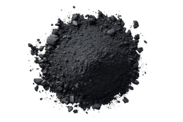 Dark gray powder mound, surrounded by scattered fragments