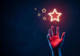 A hand touching a glowing star icon with smaller stars, perfect for customer ratings, marking favorites, or signifying excellence