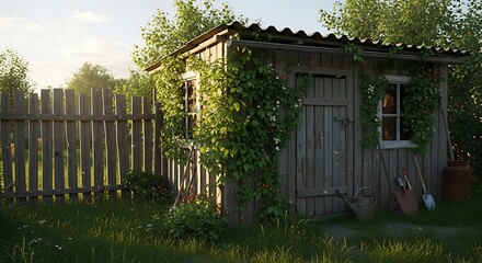 A weathered wooden shed in a sunlit garden, adorned with climbing plants and gardening tools