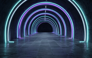Obraz premium Colorful neon light arches forming a futuristic tunnel structure