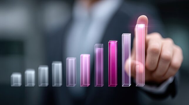 Blurred Businessman in Suit Pointing at Holographic Pink and White Bar Graph Displaying Upward Growth on a Dark Blurred Background