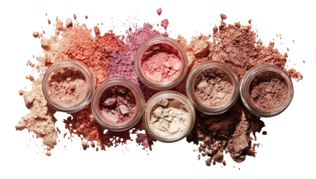 Assorted eyeshadow palettes scattered on dark background