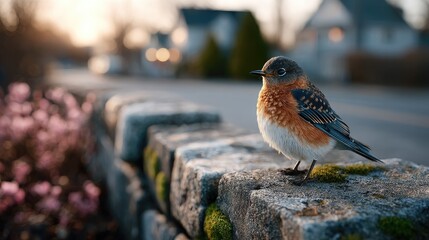 Bluebird Close Up Perched On Stone Wall with Cinematic Lighting at Sunset, Wildlife, HDR, Mossy Texture, Rural Scene, Warm Colors and Blurred Background