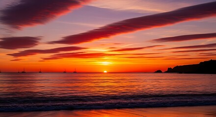 Naklejka premium Vibrant Sunset Over Calm Ocean Waves.