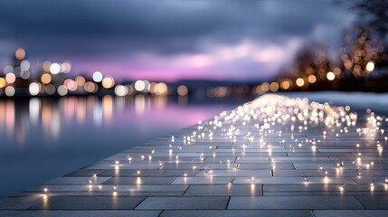 Bokeh Lights on Stone Path by Water Reflecting City Lights at Dusk