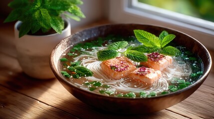 Bowl of Noodle Soup with Salmon and Herbs on Wooden Table near Window Cinematic Food Photography