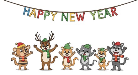 Fototapeta premium Cartoon animals celebrating happy new year with banner and wearing hats and scarves on a white background