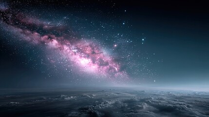 Breathtaking Spiral Galaxy with Glowing Stars on Horizon in Deep Blue Hues and Ethereal Illumination Creates a Majestic Celestial Landscape